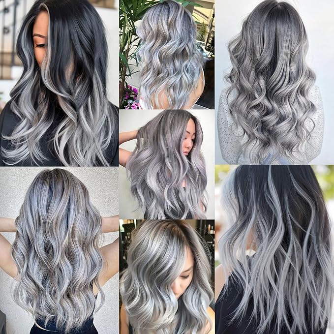 16 Pcs Colored Hair Extensions Curly Wavy Clip in Synthetic Hair Extensions,Colorful Sliver Gray Highlights Hairpiece Streak for Girls Women Kids Christmas Cosplay Party Gift(Grey)