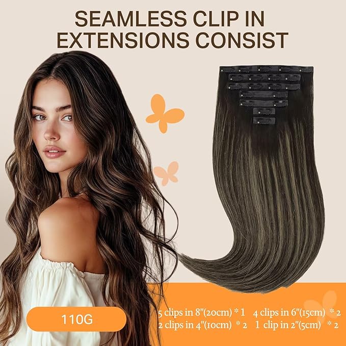 DOORES Clip in Hair Extensions, 7pcs 18 Inch 110g Balayage Natural Black to Light Blonde, Seamless Human Hair Extensions Seamless Clip Remy Hair Straight Hair Extensions Invisi Edge Hair Extensions