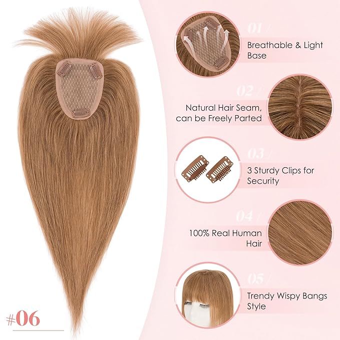 Hairro Human Hair Toppers with Wispy Bangs, 3.5x4.7" Hand-wovened Base for Women with Thinning Hair, Lightweight & Breathable Realistic Scalp, Clip-in Hairpieces for Easy Wear, 16 Inch Blondish Brown