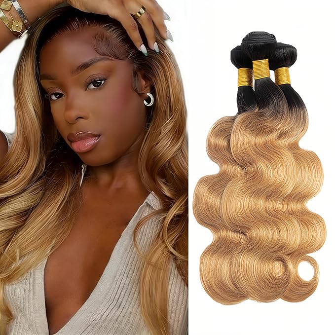 Ombre Human Hair Bundles 1B27 Body Wave Bundle Niegmeag Virgin Remy Hair 3 Bundles 12 14 16 Inch Double Weft 2 Tone Black and Honey Blonde Body Wave Bundle