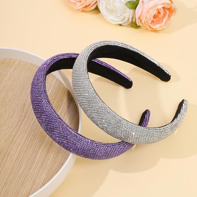 Sparkly Wide Headbands for Women Girls,2PCS Rhinestone Padded Headband Sliver Purple Glitter,Fashion Sparkle Rhinestone Hairbands Hair Hoop for Daily Prom Party Head Accessories