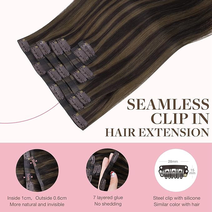 GOO GOO Clip in Hair Extensions Real Human Hair, Remy Human Hair Extensions Clip ins for Women, Natural Human Hair, 22inch 140g 7 Pcs, #2/6 Dark Brown Highlighted Chestnut Brown