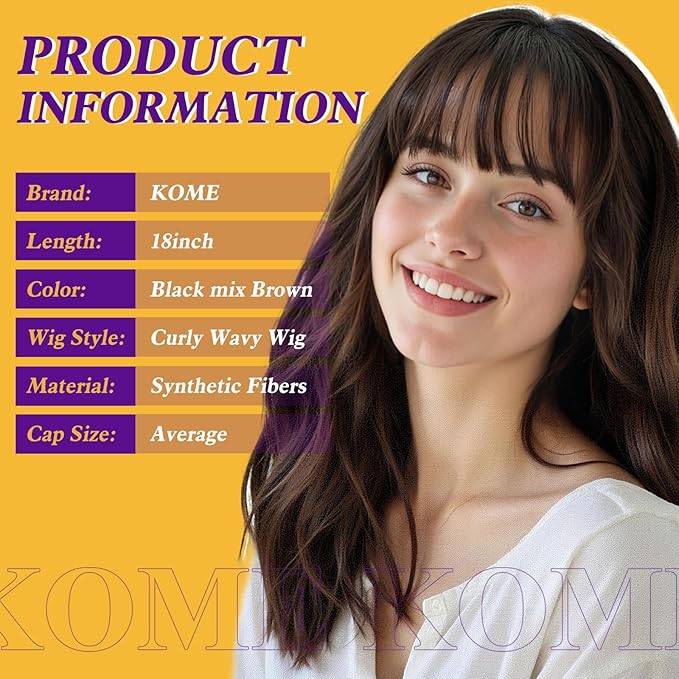Ombre Brown Wig with Bangs,Black mix Brown Highlight Wavy Wigs for Women,Shoulder Length Curly Synthetic Hair Wig for Party Daily Use 18IN…