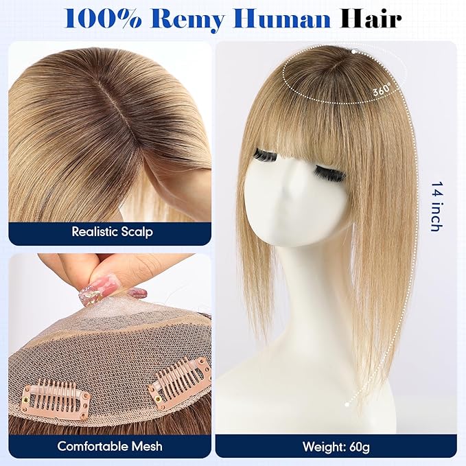 HAIRCUBE Hair Toppers For Women With Thinning 5"*5" Large Base Real Hair Toppers For Women, 14 Inch For Hand-Woven, 60g, Silk, Natural, realistic, Use Daily, Hairloss, Ombre Light Brown, with bangs