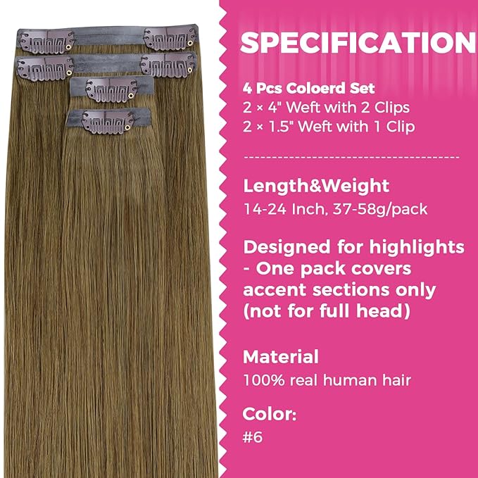 Lashey 4pcs 50g Medium Brown Seamless Clip in Hair Extensions Human Hair for Highlight Effect 22 Inch Long Straight Human Hair Clip in Extensions with Soft PU Wefts