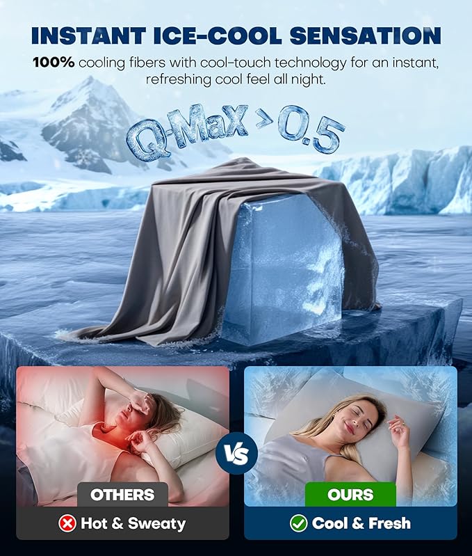 Ultra-Chill Cooling Pillowcase Set of 2 for Hot Sleepers, Softer Than Silk Pillow Cases for Protecting Hair & Skin, Breathable Bed Pillow Covers w/Zipper, Gifts for Women & Men(Light Gray, Queen)