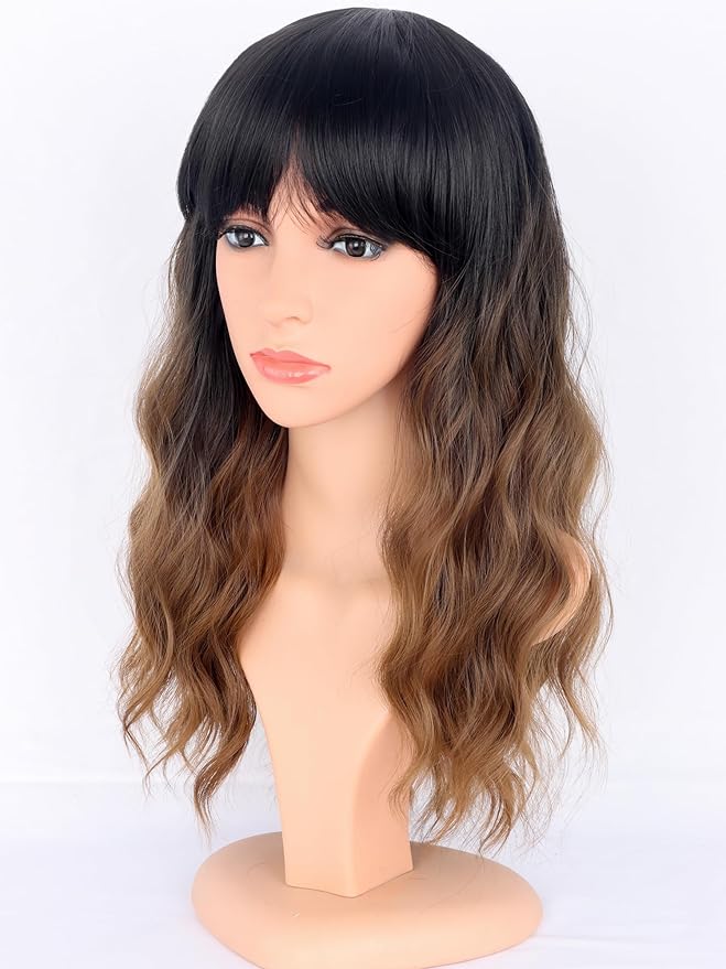 Ombre Brown Wavy Wigs with Bangs for Women - Medium Length Black To Brown Synthetic Wigs for Daily Party Use