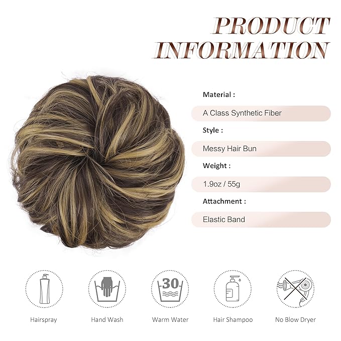 FESHFEN Messy Bun Hair Piece - Large Elastic Wavy Curly Hair Bun Scrunchies Ponytail Extensions Synthetic Chignon Hairpieces for Women, Dark Brown & Champagne Blonde 1.94oz