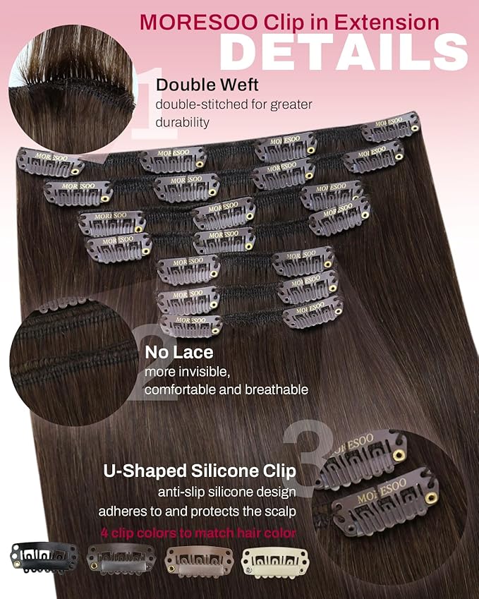 Moresoo Human Hair Clip in Extensions Brown Double Weft Silk Soft Natural Hair Extensions for Women Medium Brown #4 7pcs/150g 22inch