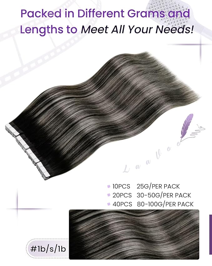 LaaVoo Human Hair Tape in Extensions Ombre Silver Tape in Hair Extensions Human Hair 100g Tape in Extensions Ombre Balayage Off Black to Silver Mix Black Full Head 20 Inch 40pcs
