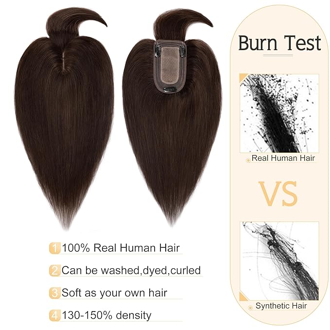 SEGO Hair Toppers for Women Real Human Hair With Bangs, 7 * 13CM Silk Base 100% Remy Human Hair Clip in Top Wiglet Hairpieces Add Volume -18 Inch Dark Brown