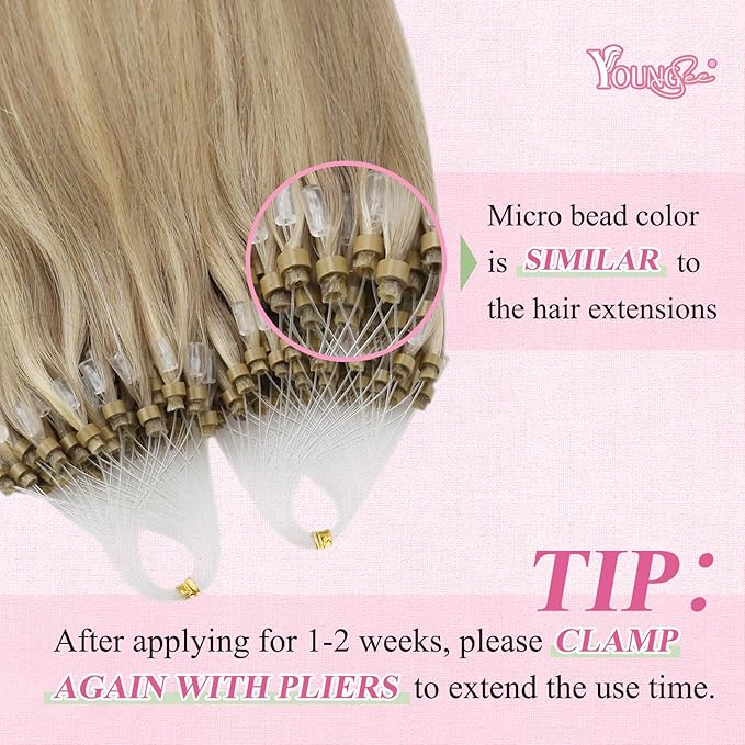 YoungSee Microlink Hair Extensions Human Hair Golden Blonde Mix Medium Blonde Highlight Micro Bead Hair Extensions Real Human Hair 22In 50g 50s Bead Hair Extension for Engagement