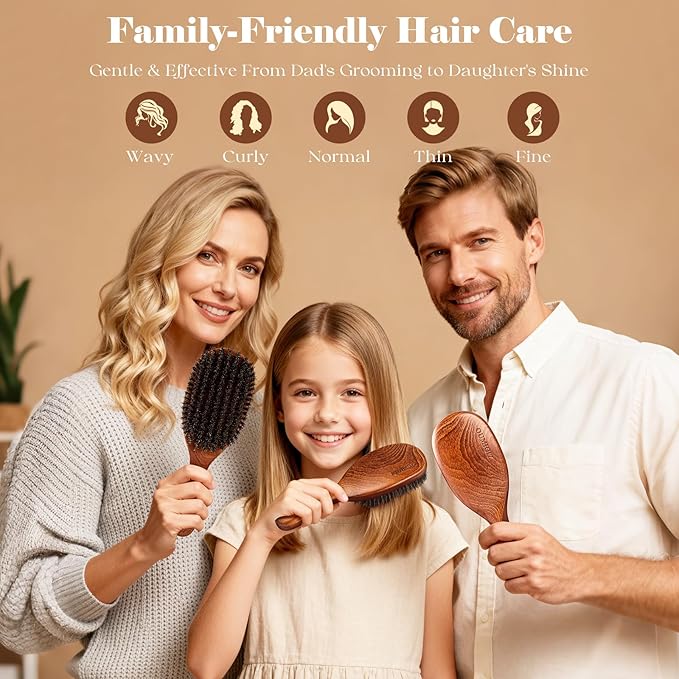 Boar Bristle Hair Brush Since 1965 British Craftsmanship, Handmade Natural Wooden Slick Back Hairbrush/Beard Brush, Pure Soft Bristles Gentle Detangling Women Men Kids Thin Fine Hair, Smooth & Shine