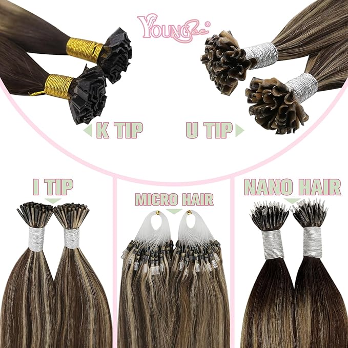 YoungSee Ombre K Tip Hair Extensions Real Human Hair Balayage Brown with Caramel Blonde Natural Hair Extensions Ktips Human Hair for Women 14In 1G/S 50G