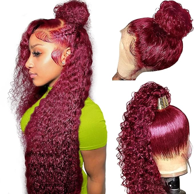 250 Density Burgundy Wig Human Hair Hidden Strap 360 Lace Front Wigs Human Hair Deep Wave Invisible Strap Pre Plucked Bleached Knots Glueless Drawstring Curly Human Hair Wig for Women (26inch)
