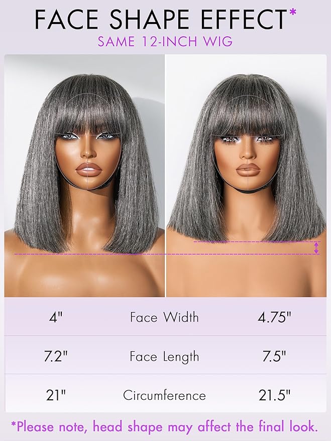 LUVME HAIR All-Day Comfort Wig 12 Inch Grey Salt & Pepper Silky Straight Bob Wig with Bangs Human Hair Glueless HD Lace Bob Wig with Mix Grey Color, Ready to Go Short Wigs For Women