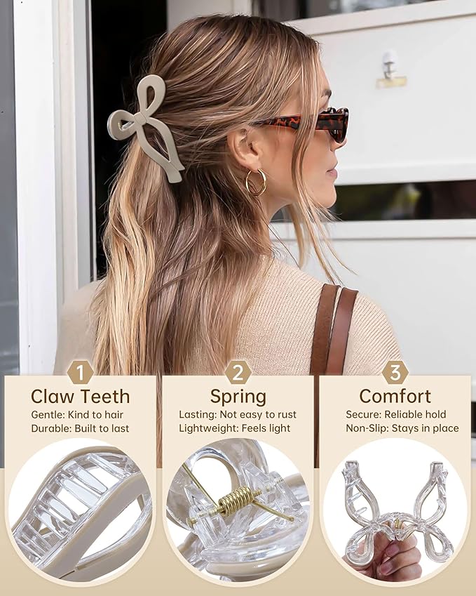 Mesovor 4 Pack Elegant Bow Hair Claw Clips, Nonslip 4.3" Large Hair Grip Hairclips for Thin and Thick | Acrylic Hair Strong Hold Hair Jaw Clamps (Neutral)