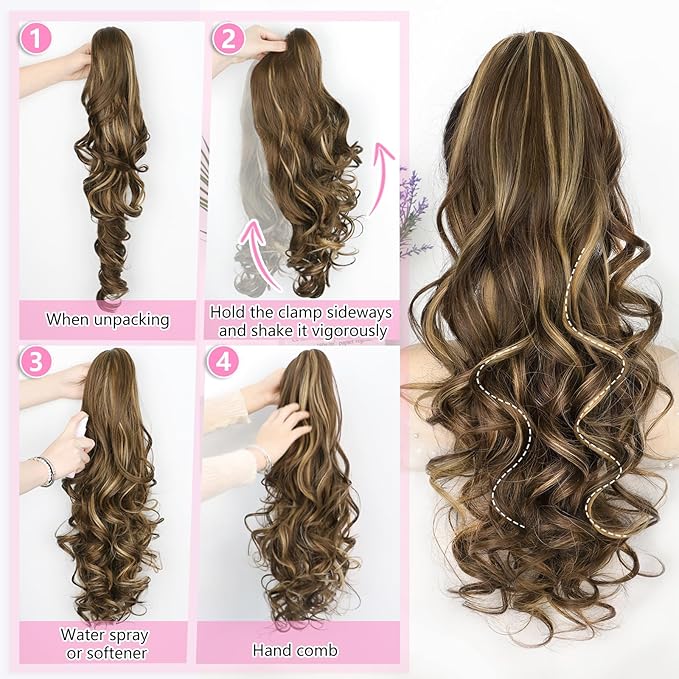 ALXNAN Ponytail Extension,24 Inch Claw Clip in Long Curly Wavy Chocolate Brown with Highlights Ponytail Hair Extension Jaw Clip on Pony Tails Hairpiece for Women