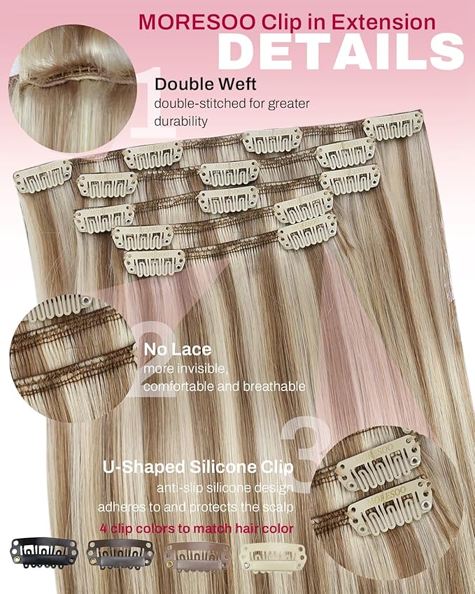 Moresoo Blonde Highlight Clip in Hair Extensions Light Brown with Blonde Highlights Clip in Extensions Real Human Hair Double Weft for Party 80g/5pcs 18 inch