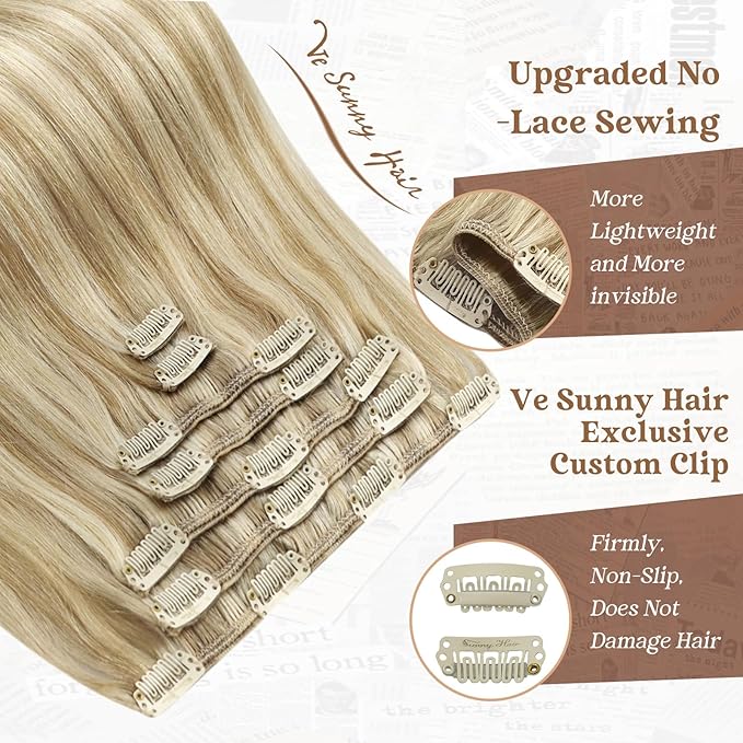Ve Sunny Human Hair Clip in Extensions Dark Blonde Highlights Golden Blonde Remy Hair Extensions for Women Clip on Hair Extensions Human Hair Short 5pcs 80g 12 inch
