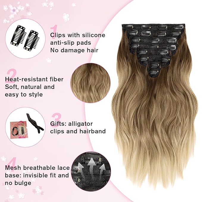 Clip in Hair Extensions, 16 Inch Omber Blonde Hair Extensions Clip Ins Wavy, 8PCS Synthetic Thick Hairpieces for Women