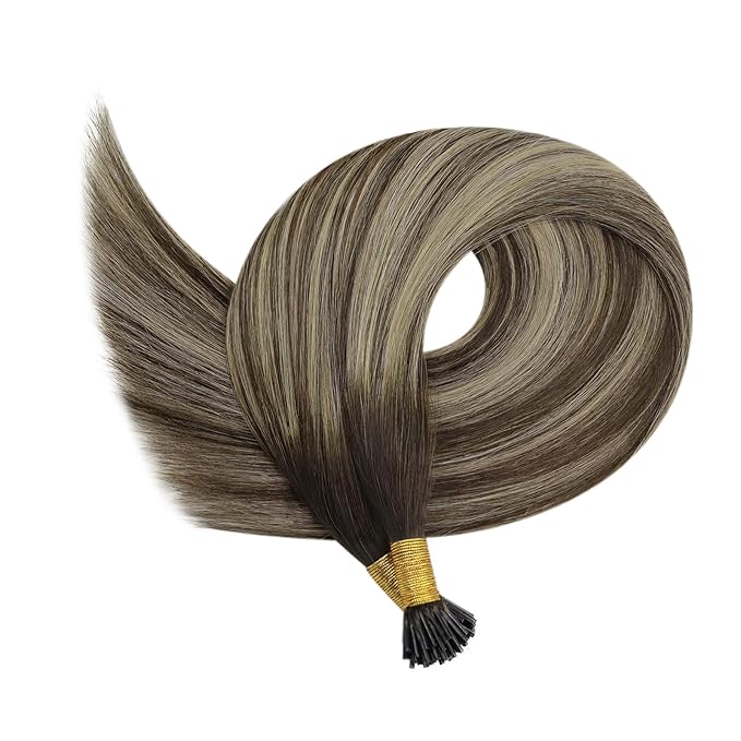 YoungSee I Tip Hair Extensions Balayage I Tip Extensions Brown Ombre Dark Brown with Ash Blonde Itips Real Human Hair Extension Itips Brown Hair Extension 14Inch 50g 80s Cold Fusion Hair Extension