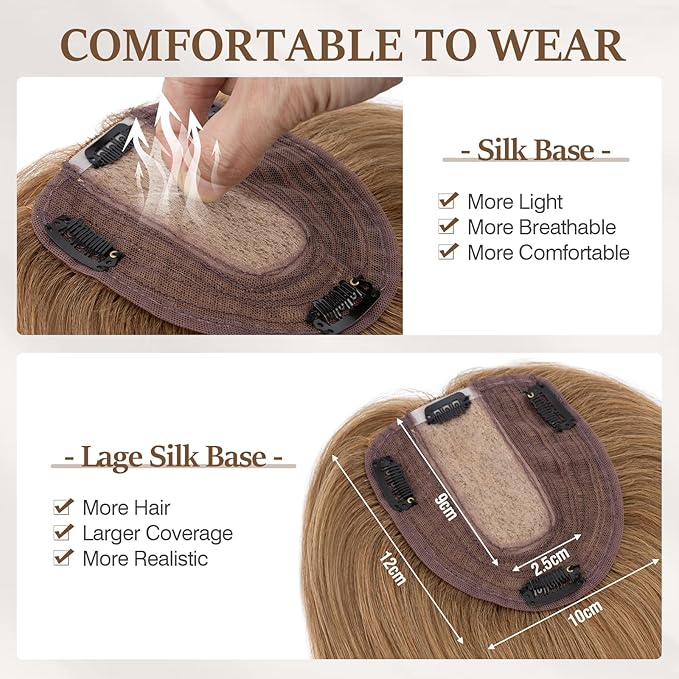Rich Choices Hair Toppers for Women Real Human Hair 100% Human Remy Toppers NO Bangs for Women with Thinning on Top Clip in Hairpiece 4"x4.7"Lace Base 10 Inch #6 Light Brown