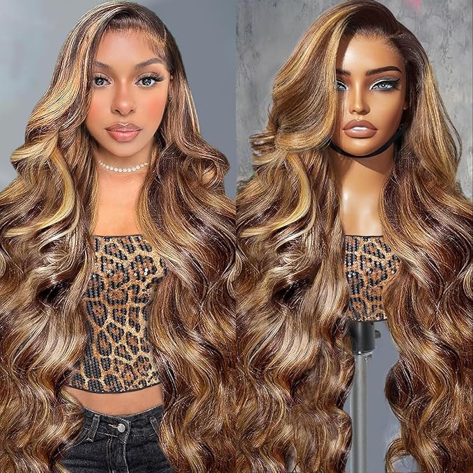 AMIRTY 250 Density Highlight Ombre Lace Front Wig Human Hair Honey Blonde Body Wave 360 HD Lace Front Wigs Human Hair Pre Plucked Brown 4/27 Colored Lace Frontal Glueless Wigs for Women 22 Inch