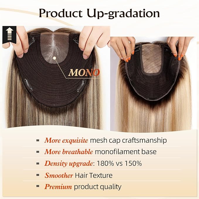 MONO TOP Hair Toppers for Women Human Hair 12 Inch 7"×8" Big Base Partial wig Cover Thinning Hair or Loss No Bangs Top Hair Pieces Natural Wiglets (Brown)
