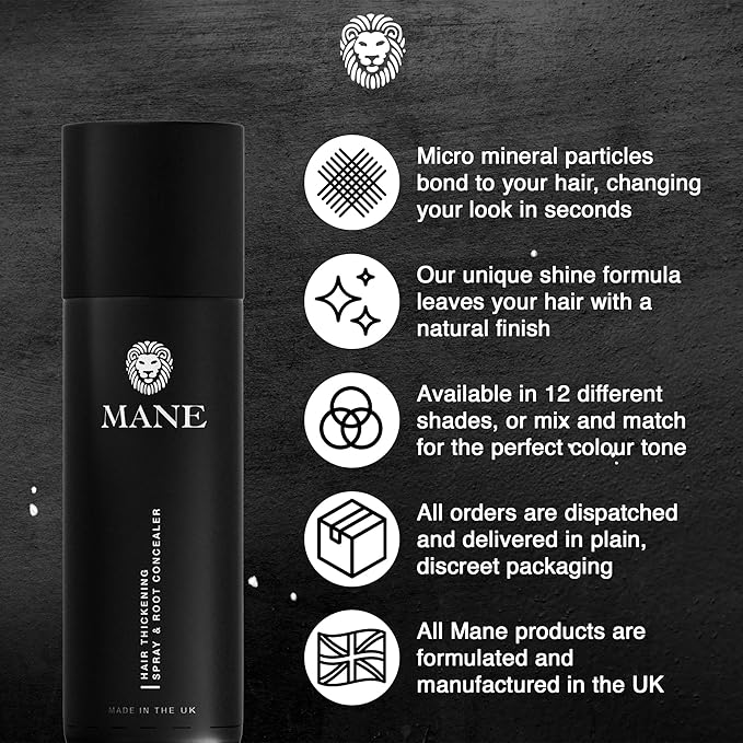 Mane Hair Thickening Spray & Root Touch Up, Instantly Thicker Hair for Men & Women, Fill in Hairlines and Hide Thinning and Fine Patches - Gray, 12 Colors (6.76 oz)