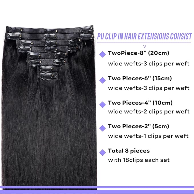 Seamless Clip In Hair Extensions Real Human Hair Straight 8Pcs 120g Hair Extensions Clip In Brazilian Human Hair Extensions PU Skin Weft with 18Clips 22inch Natural Black