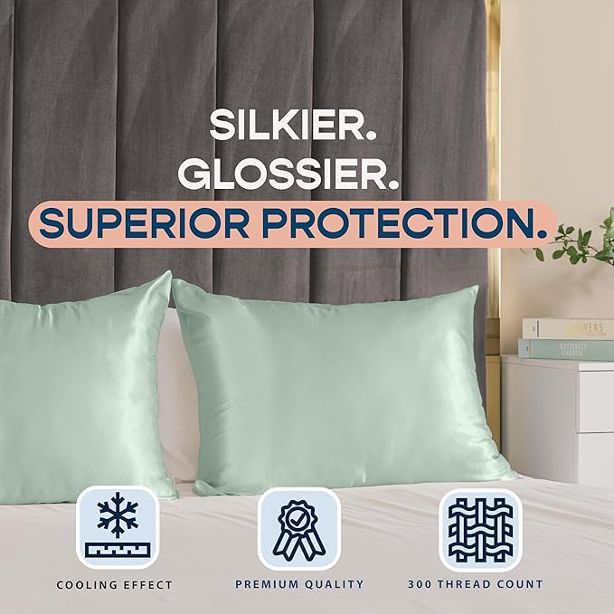 BLISSFORD Satin Pillowcase with Zipper, for Hair and Skin Care, Feels Soft and Cool Like a Silk Pillowcase, Satin Pillow Cases 2 Pack, Slik Pillow Cover, Mint - Queen Size, Set of 2