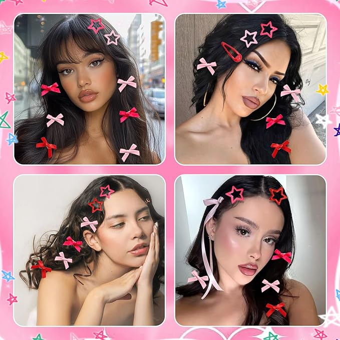 36Pcs Hot Pink Mini Bow Hair Clips Red Star Snap Hair Barrettes Water Drop No Slip Hair Clips for Women 3 Color Small Hair Bows Star Bowknot Hair Accessories for Girls