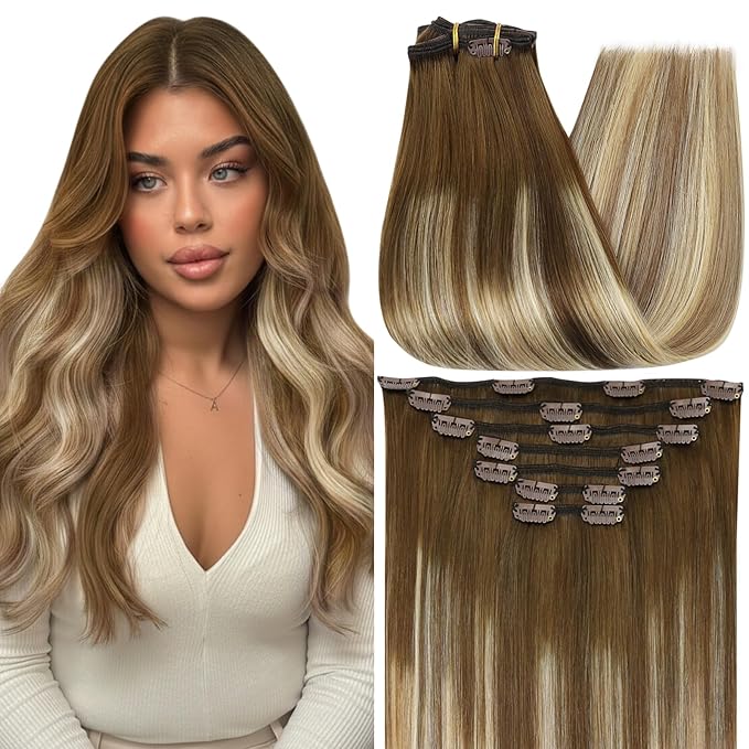 Full Shine Human Hair Clip in Extensions Straight Seamless Hair Extensions Clip ins 14 Inch 7 Pcs Real Hair Extensions Clip in Human Hair Balayage Brown Ombre Blonde Mix Brown 120 G
