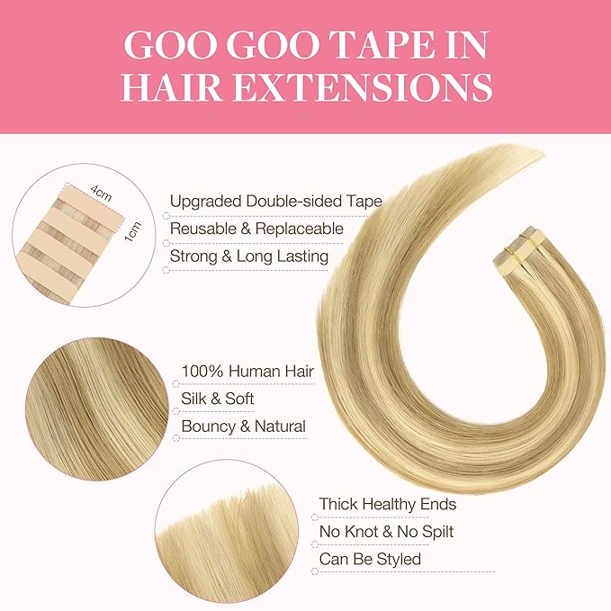 GOO GOO Tape in Hair Extensions Human Hair, 16/22 Light Blonde Highlighted Golden Blonde, 12inch 80g 40pcs, Skin Weft Seamless Invisible, Silky Straight with Thick Ends, Remy Human Hair