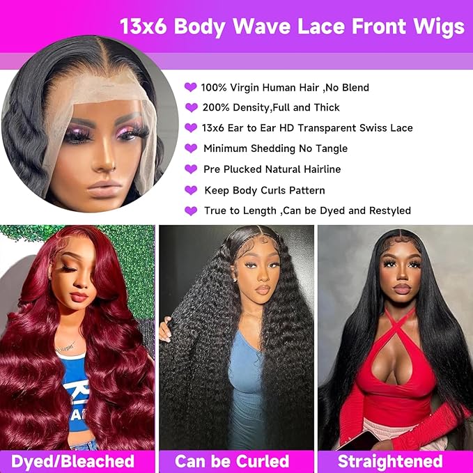 34 Inch 13x6 HD Body Wave Lace Front Wigs Human Hair Pre Plucked 200 Density Brazilian Virgin Human Hair Wigs for Women Glueless Lace Frontal Wig Natural Black Body Wave Wig