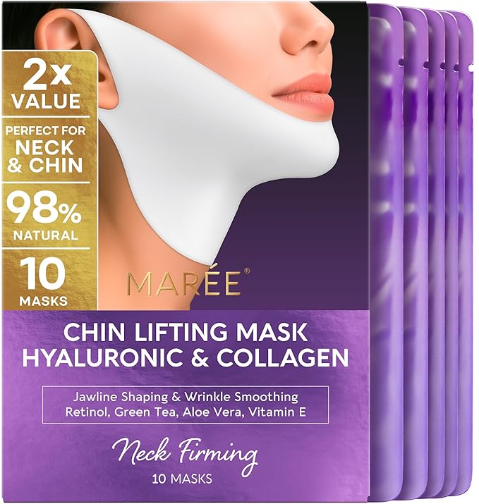 MAREE V Line Lifting Mask with Hyaluronic Acid – Deep Collagen Face Mask for Women – Jawline Shaper Facial Masks with Retinol – Tightening Neck Lift Tape – Double Chin Strap for Face Lift – 10 Masks