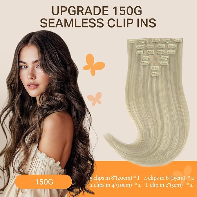 DOORES Clip in Hair Extensions Real Human Hair, Ash Blonde Highlighted Platinum Blonde 130g 9pcs 14 Inch Clip in Virgin Hair Extensions Invisible Edge, Hair Extensions Real Human Hair
