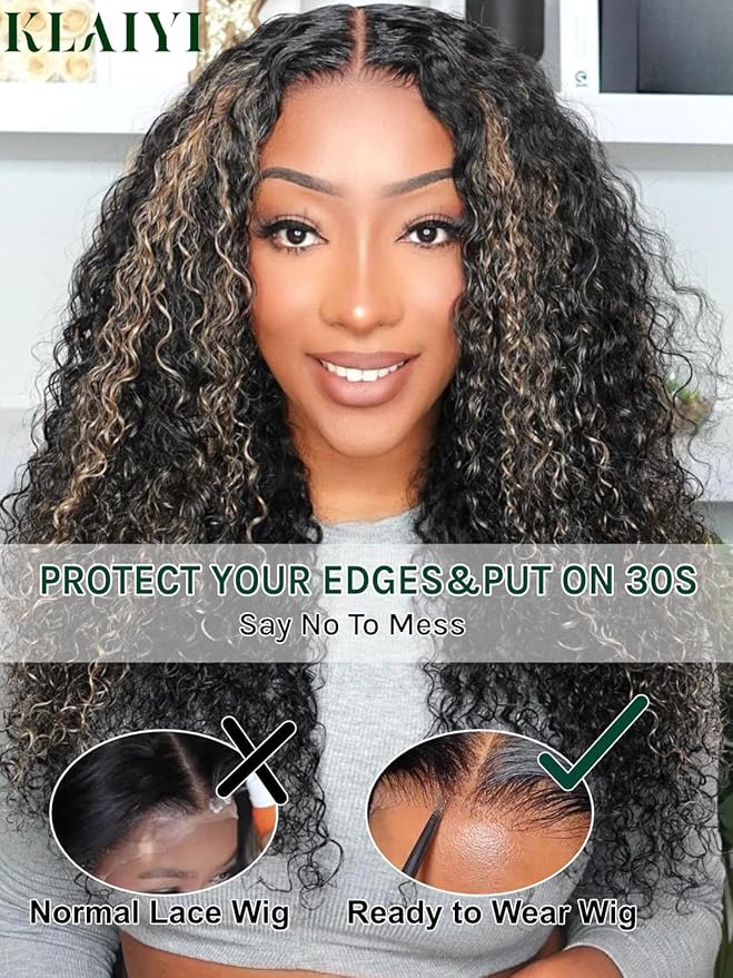 KLAIYI Ombre Highlight Blonde Water Wave Glueless Pre Everything 13x4 Lace Front Wigs Human Hair Drawstring Pre Plucked Pre Bleached Bye Bye Knots Curly Wig with Dark Roots Ready to Wear and Go 26Inch