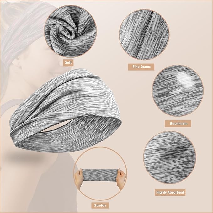 6 Pack Wide Headbands for Women - No Slip Hair Bands for Sports Yoga Workout Running Daily Use, Soft Stretchy Elastic Sweat Wicking Head Wraps Hair Accessories