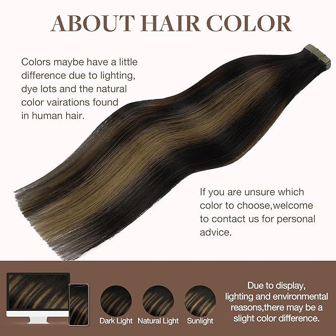 GOO GOO Tape in Hair Extensions Human Hair, 1B/6/1B Balayage Natural Black to Chestnut Brown, 20inch 50g 20pcs, Skin Weft Seamless Invisible, Silky Straight with Thick Ends, Remy Human Hair