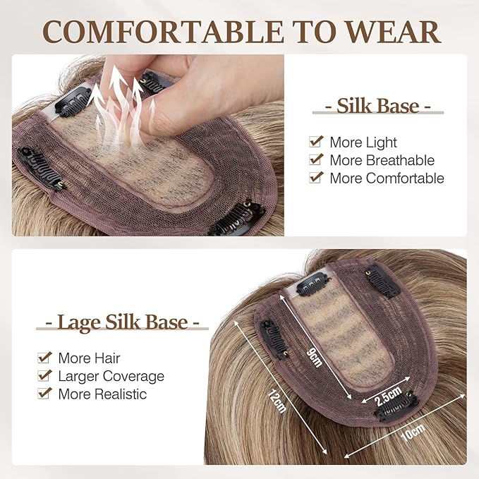 Rich Choices Hair Toppers for Women Real Human Hair 100% Human Remy Toppers NO Bangs with Thinning on Top Clip in Hairpiece 4"x4.7"Lace Base 16 Inch #4P27 Medium Brown Highlights Dark Blonde