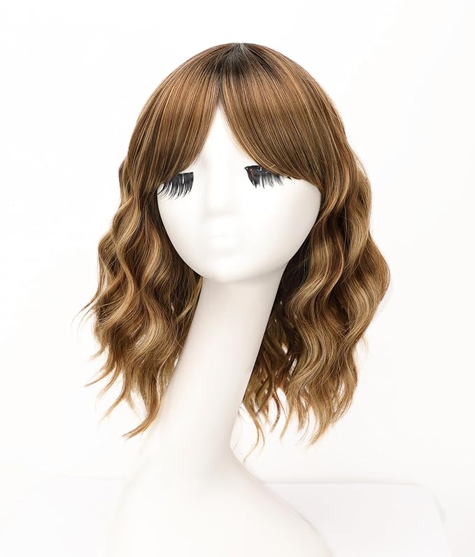 AISI HAIR Honey Blonde Mix Brown Synthetic Wavy Curly Bob Wig with Bangs Short Wavy Hair for Women Synthetic Heat Resistant Bob Wigs
