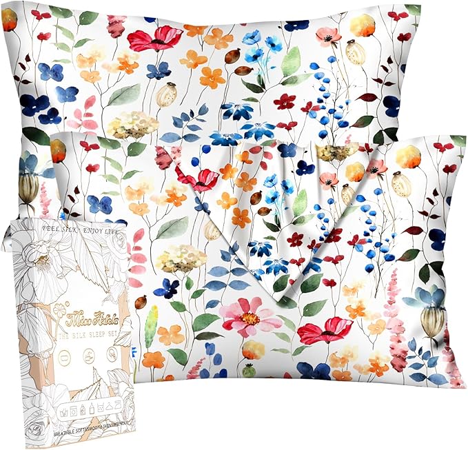 2 Pack Mulberry Silk Pillowcase for Hair and Skin - Queen Size 20 x 30 Inches with Hidden Zipper Watercolor Flower 19 Momme Soft Sleeping Silk Pillow Case for Women, Moms