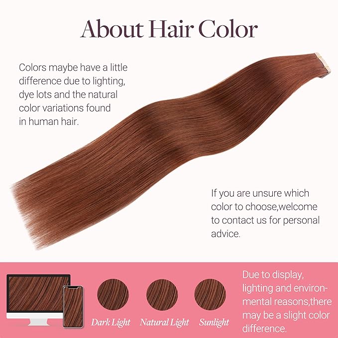 GOO GOO Tape in Hair Extensions Human Hair, #33B Dark Auburn Copper, 22inch 30g 10pcs, Skin Weft Seamless Invisible, Silky Straight with Thick Ends, Remy Human Hair