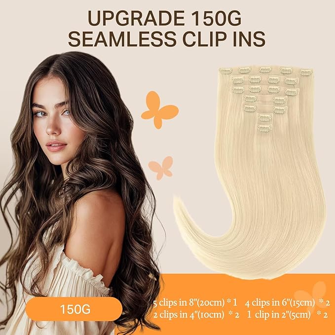 DOORES Real Human Hair Extensions, Bleach Blonde 130g 9pcs 14 Inch Seamless Clip-ins, Remy Invisi Edge Thick Straight Hair