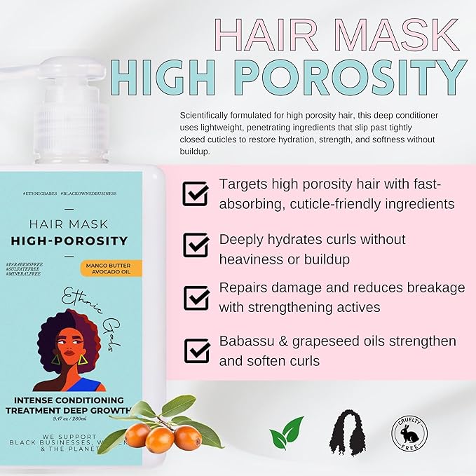 Ethnic Gals High Porosity Hair Mask - Deep Moisture & Repair Treatment for Curly, Coily, Dry Hair with Shea Butter & Argan Oil, Restores Softness & Shine, 9.5 fl oz (280ml)
