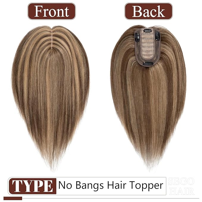 SEGO Real Human Hair Topper for Women without Bangs, Hair Topper with Anti-Slip Clips (12 Inch#4/27 Medium Brown Mix Dark Blonde)