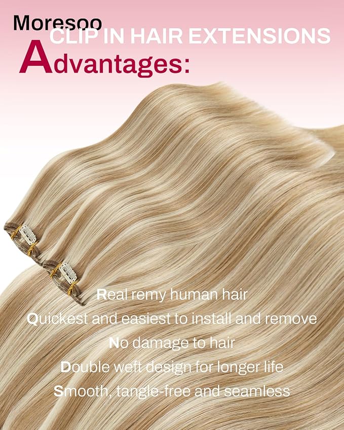 Moresoo Blonde Hair Extensions Clip in Human Hair Remy Short Clip in Human Hair Extensions Medium Brown with Blonde Double Weft 5pcs 80g 10inch