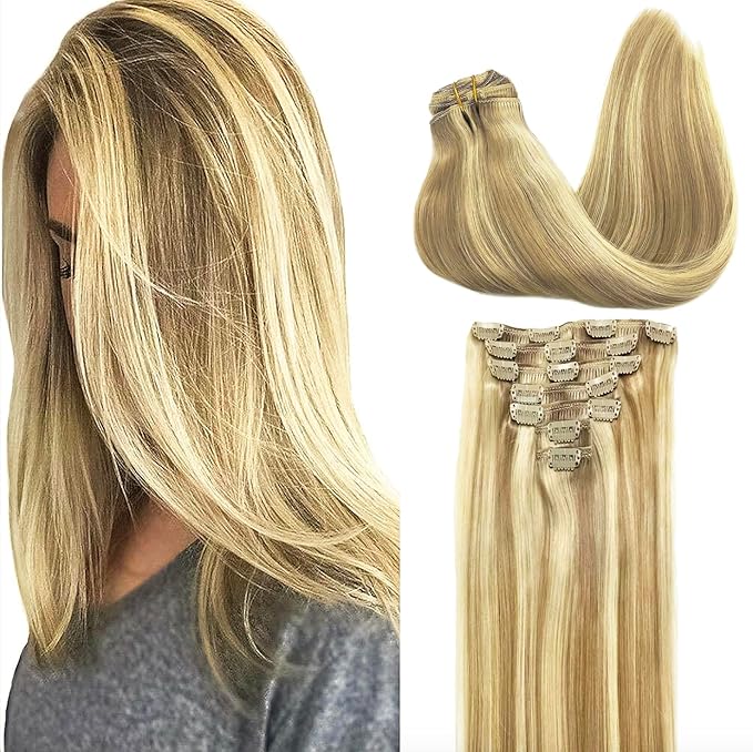 GOO GOO Clip in Hair Extensions Real Human Hair, Remy Human Hair Extensions Clip ins for Women, Natural Human Hair, 20inch 160g 7Pcs, #16/22 Light Blonde Highlighted Golden Blonde